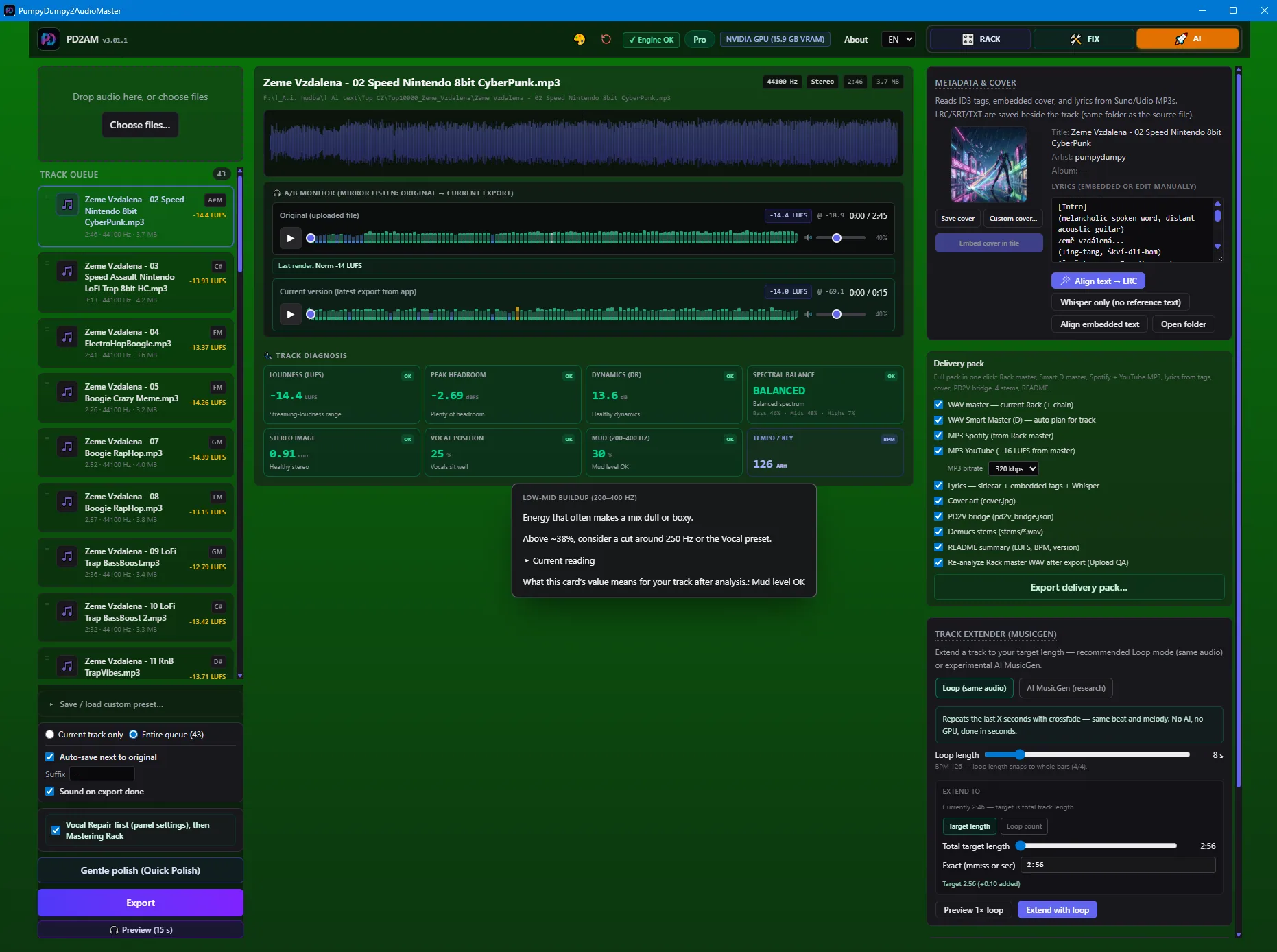 PD2AM AI workspace with metadata, cover, delivery pack, and track extender