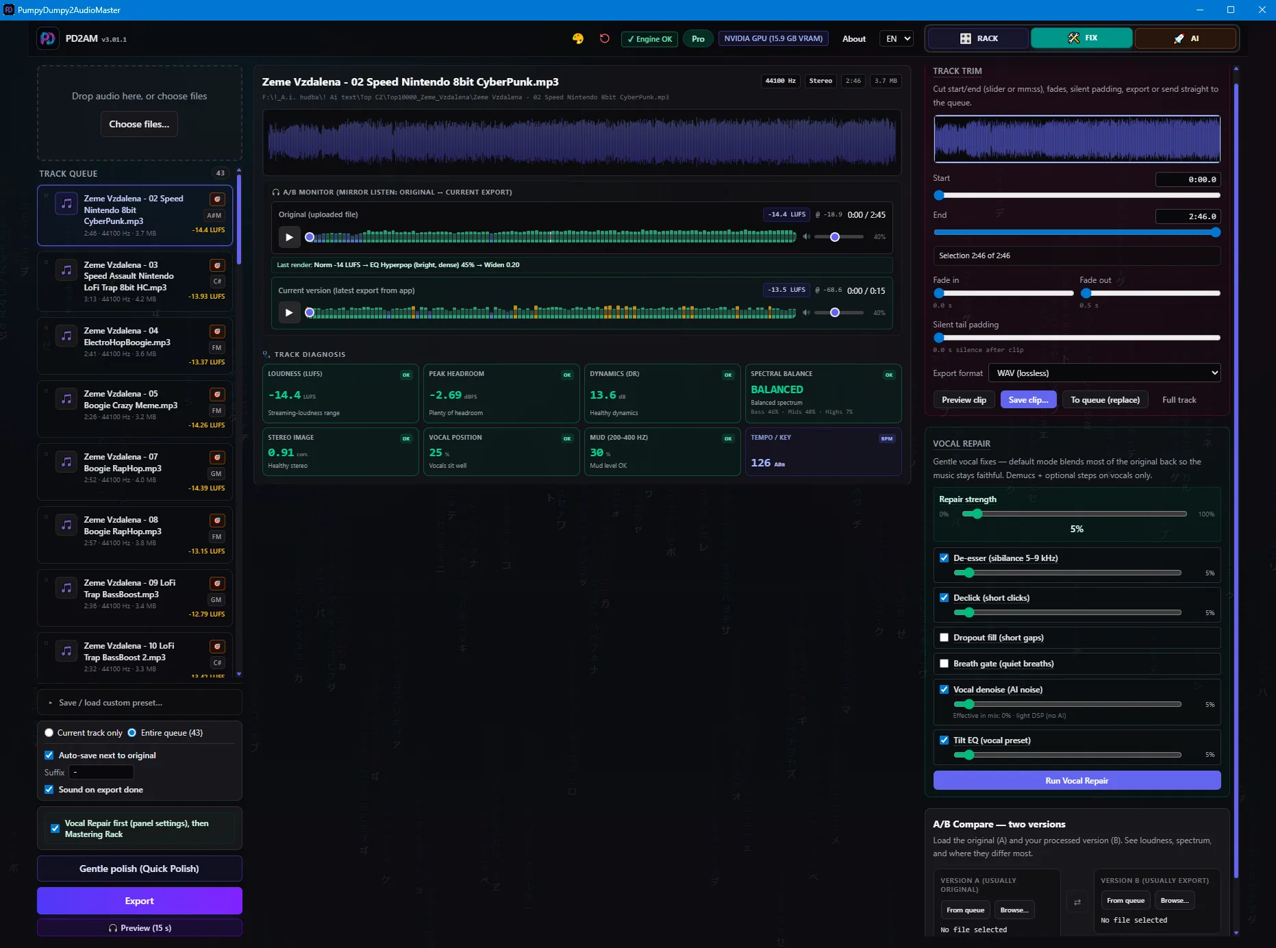 PD2AM Fix workspace with track trim, vocal repair, and A/B compare