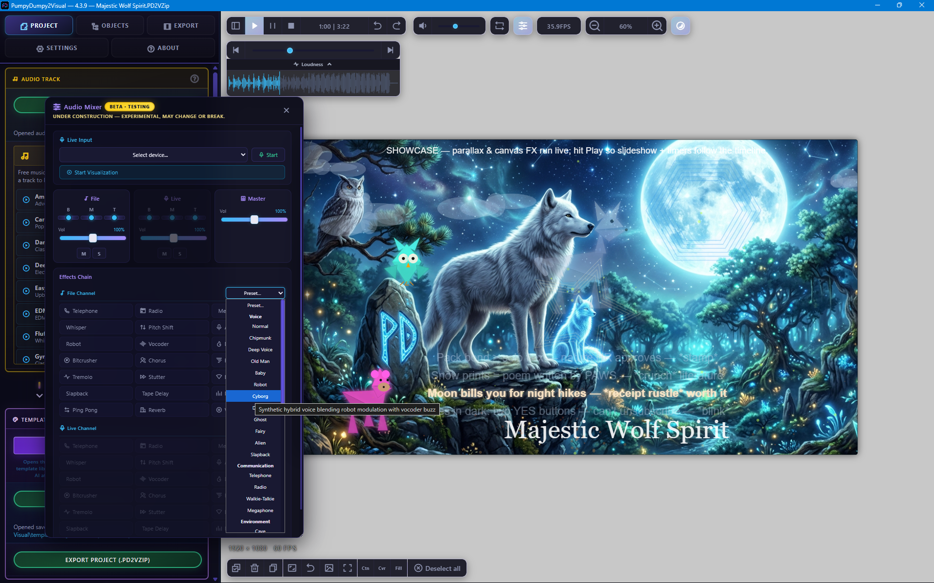 Audio Mixer a efekty — plovoucí okno alebo panel (beta)